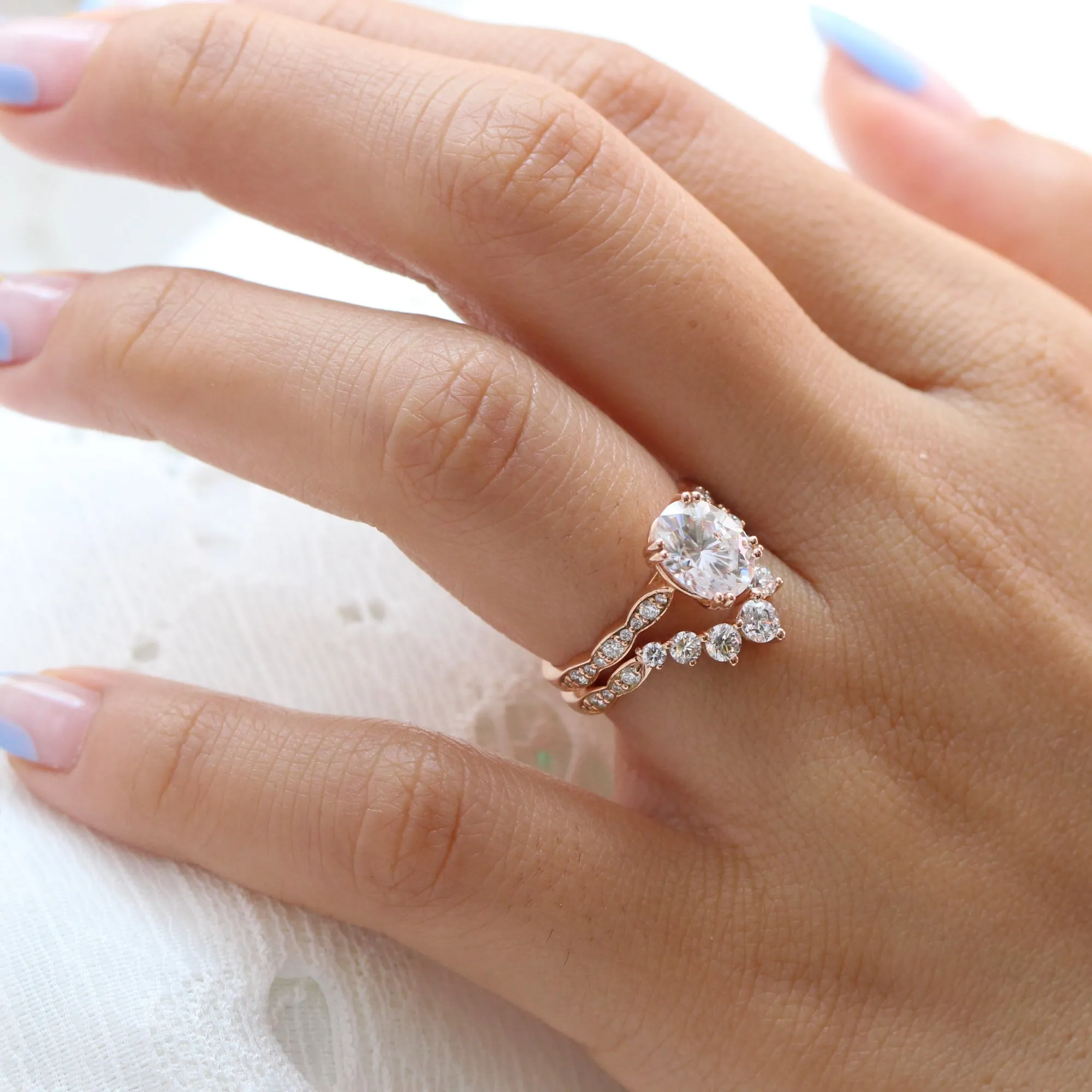 Grace Solitaire Oval Bridal Ring Set w/ Moissanite and Large Diamond Curved Band