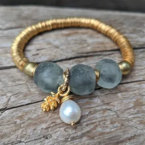 Gray Sea Glass Elastic Bracelet with Pine Cone and Pearl Charms