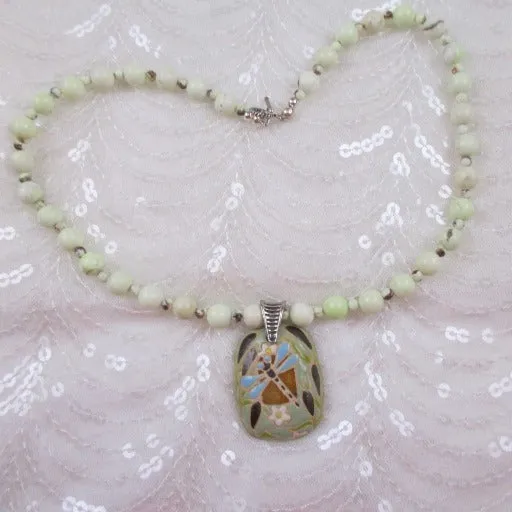 Green Dragonfly Pendant  and Chrysoprase Beaded Necklace
