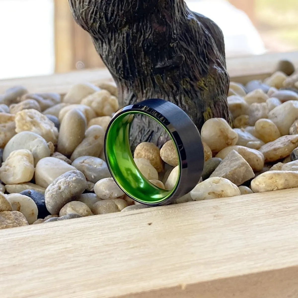 GUMBY | Green Ring, Black Tungsten Ring, Brushed, Beveled