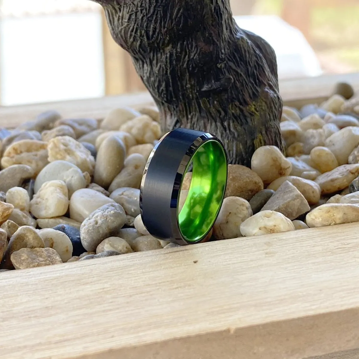 GUMBY | Green Ring, Black Tungsten Ring, Brushed, Beveled