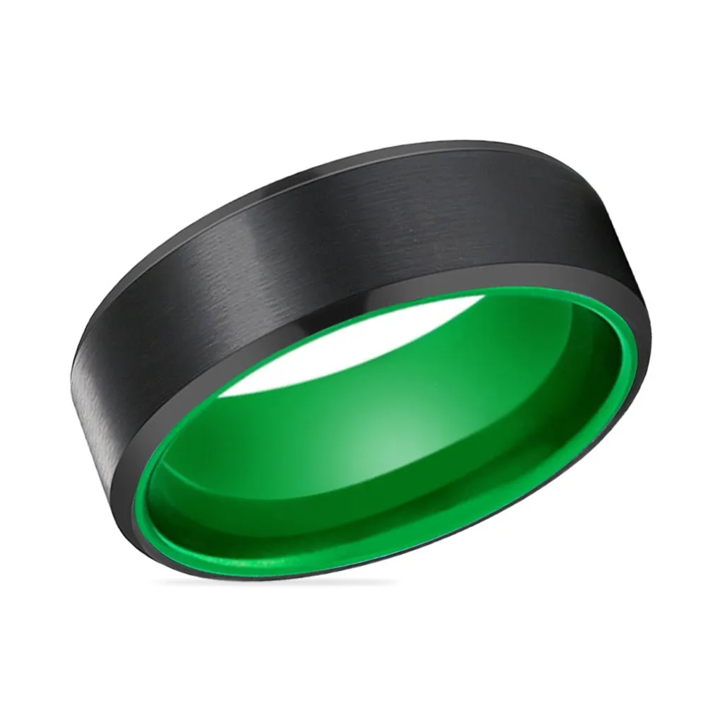 GUMBY | Green Ring, Black Tungsten Ring, Brushed, Beveled