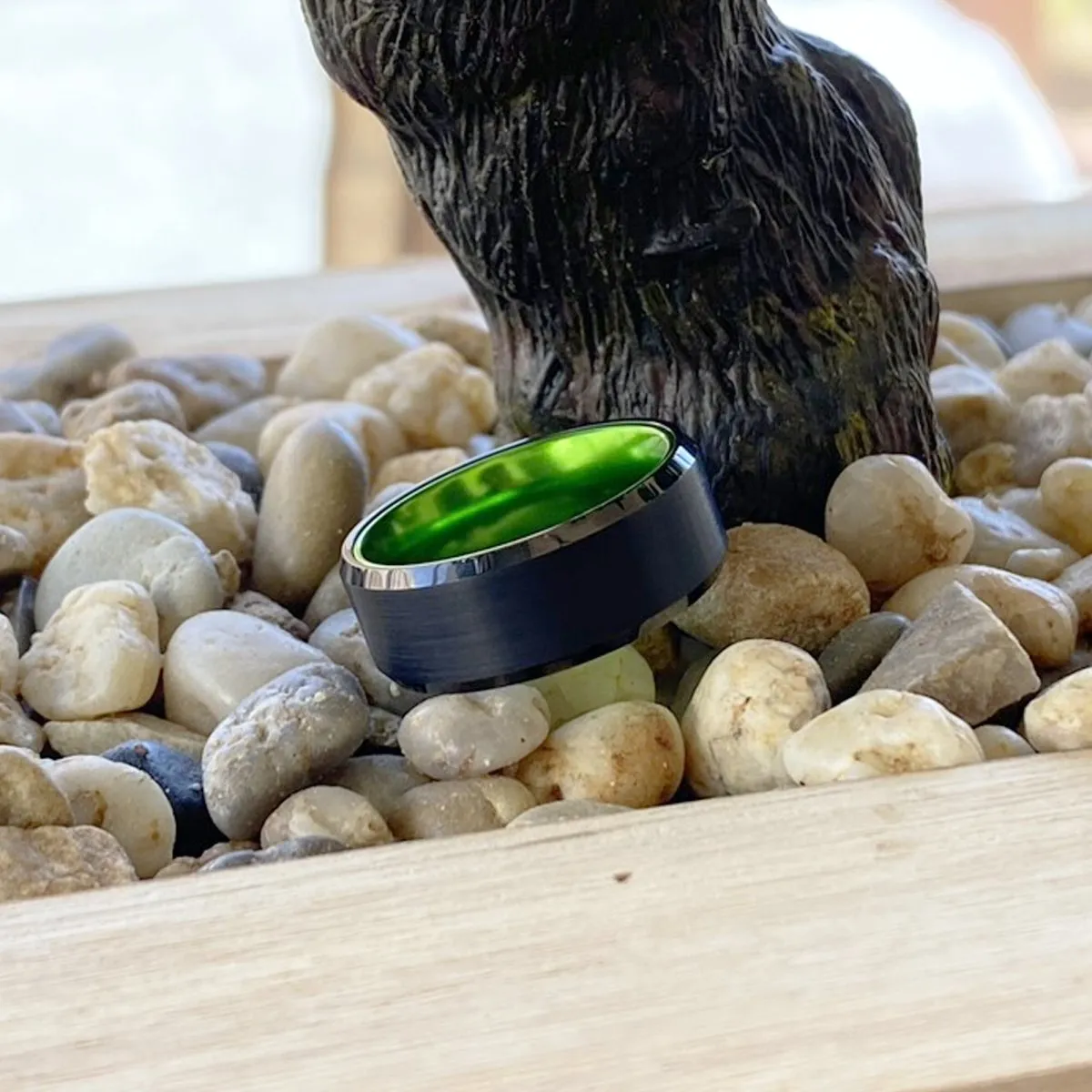 GUMBY | Green Ring, Black Tungsten Ring, Brushed, Beveled