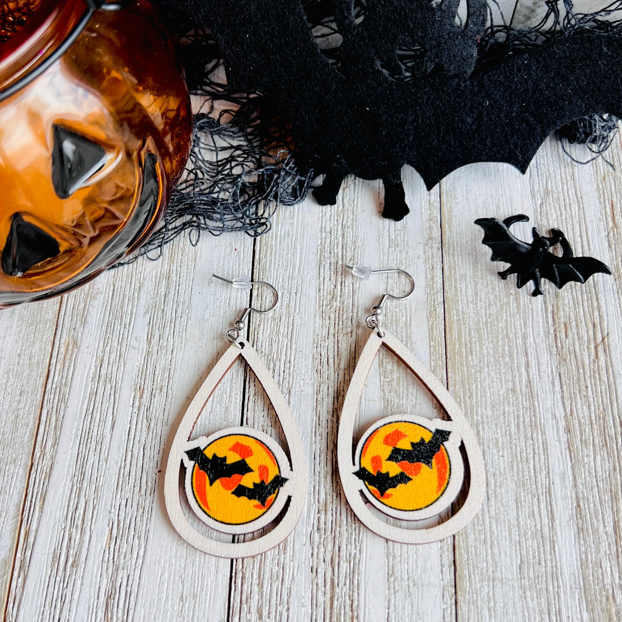 Halloween Bats Wooden Drop Ear Bling