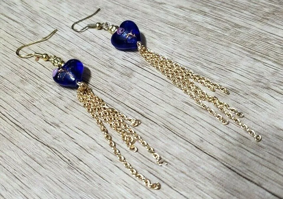 Hand Crafted, Blue & Pink Glass Heart with Gold Tone Chain Dangle Earrings 3-4"