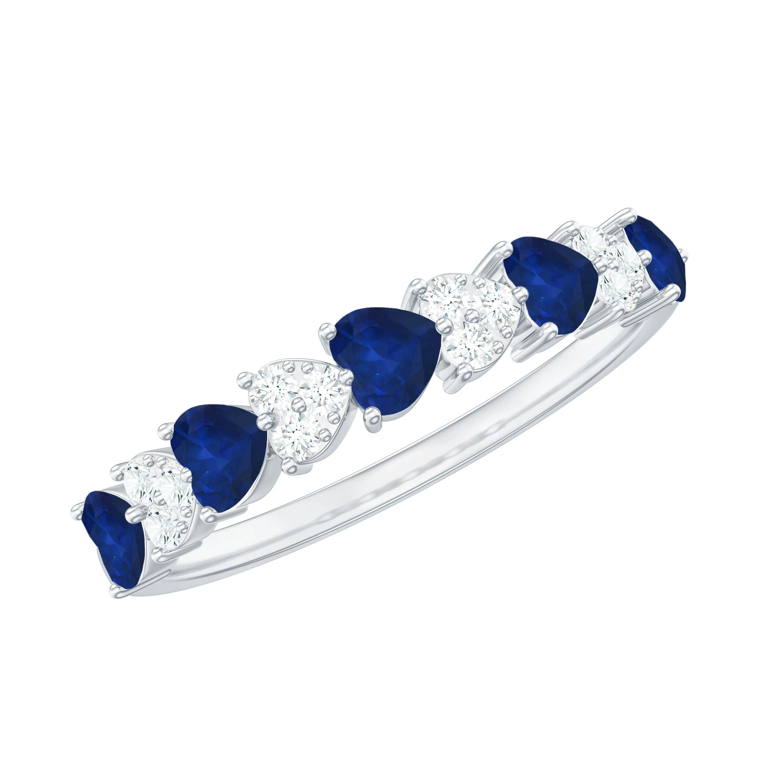 Heart Shape Blue Sapphire and Diamond Half Eternity Ring
