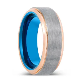 INFILTRATOR | Blue Tungsten Ring, Silver Tungsten Ring, Brushed, Rose Gold Stepped Edge