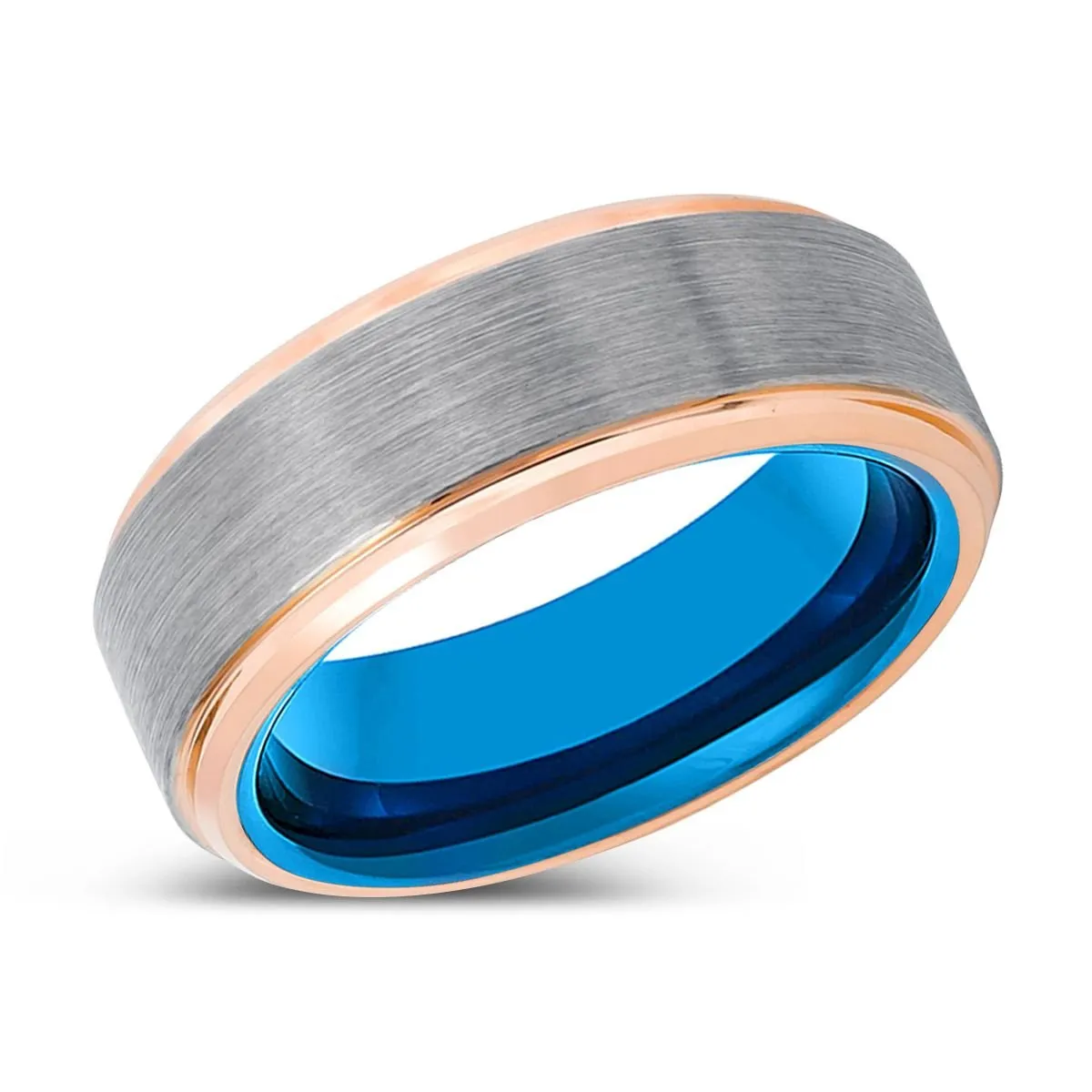 INFILTRATOR | Blue Tungsten Ring, Silver Tungsten Ring, Brushed, Rose Gold Stepped Edge