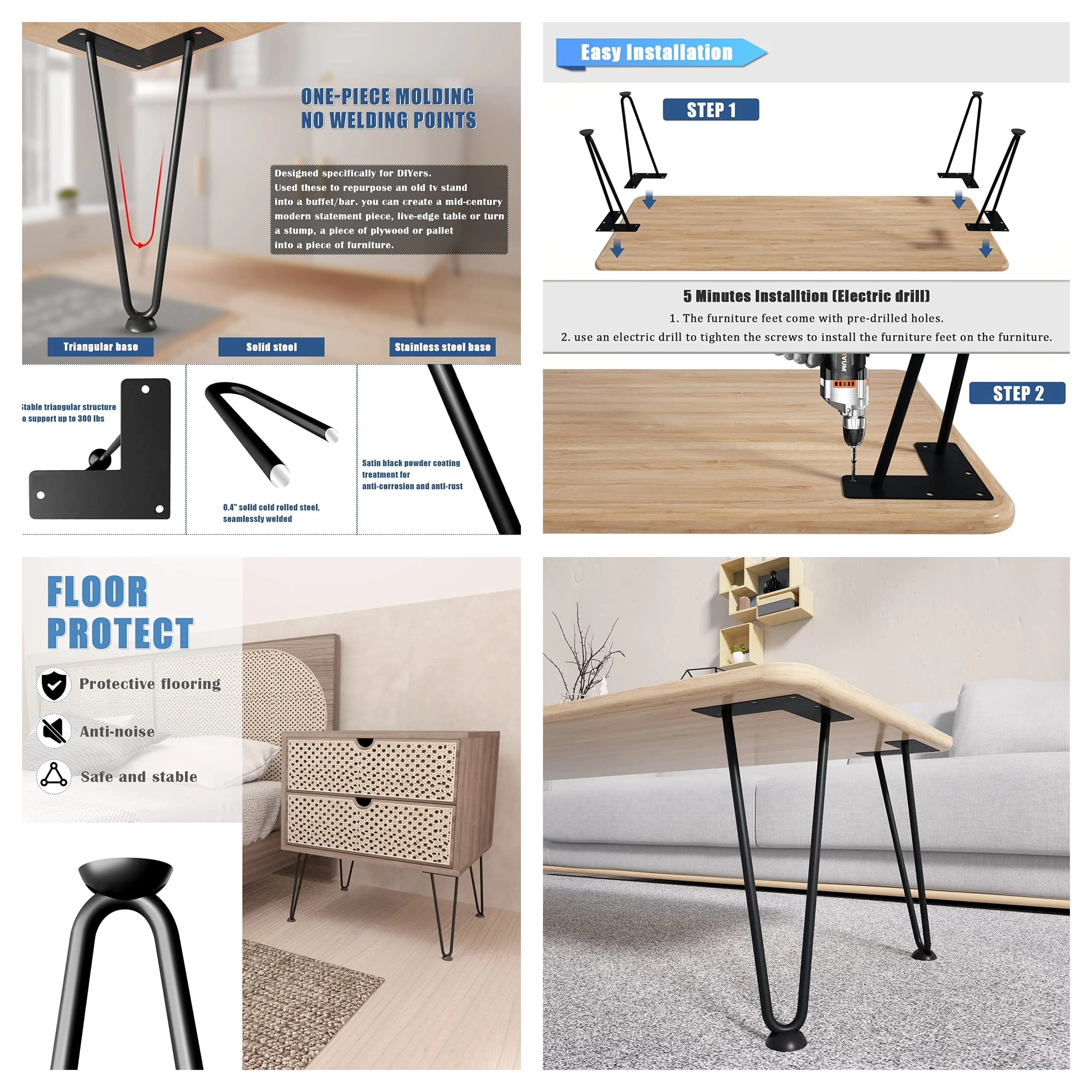 Kawachi Set of 4 Pcs 16" Hairpin Furniture Legs Metal Home DIY Projects for Nightstand, Coffee Table, Desk, etc with Plastic Floor Protectors and Screws Metalic KC22-Gray