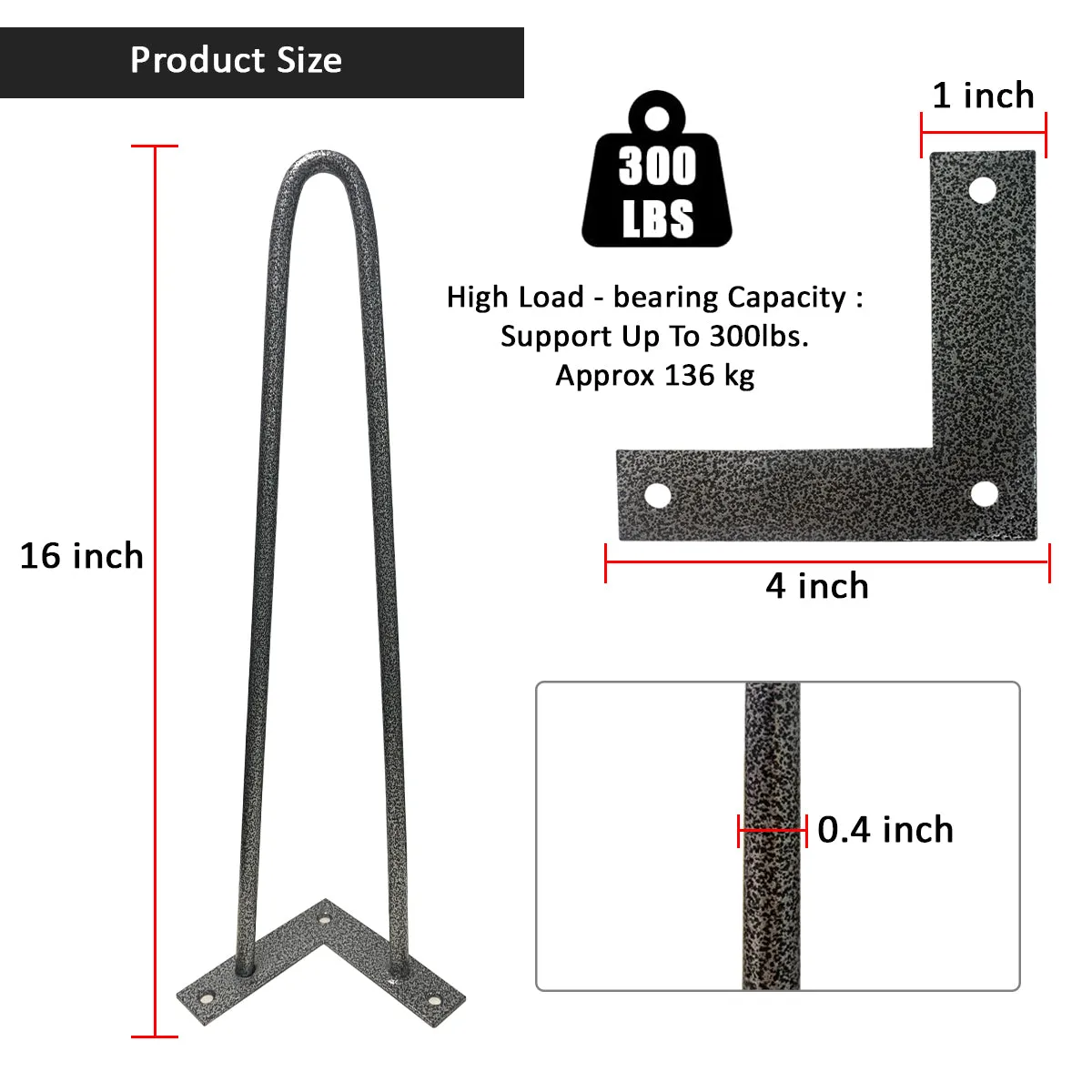 Kawachi Set of 4 Pcs 16" Hairpin Furniture Legs Metal Home DIY Projects for Nightstand, Coffee Table, Desk, etc with Plastic Floor Protectors and Screws Metalic KC22-Gray
