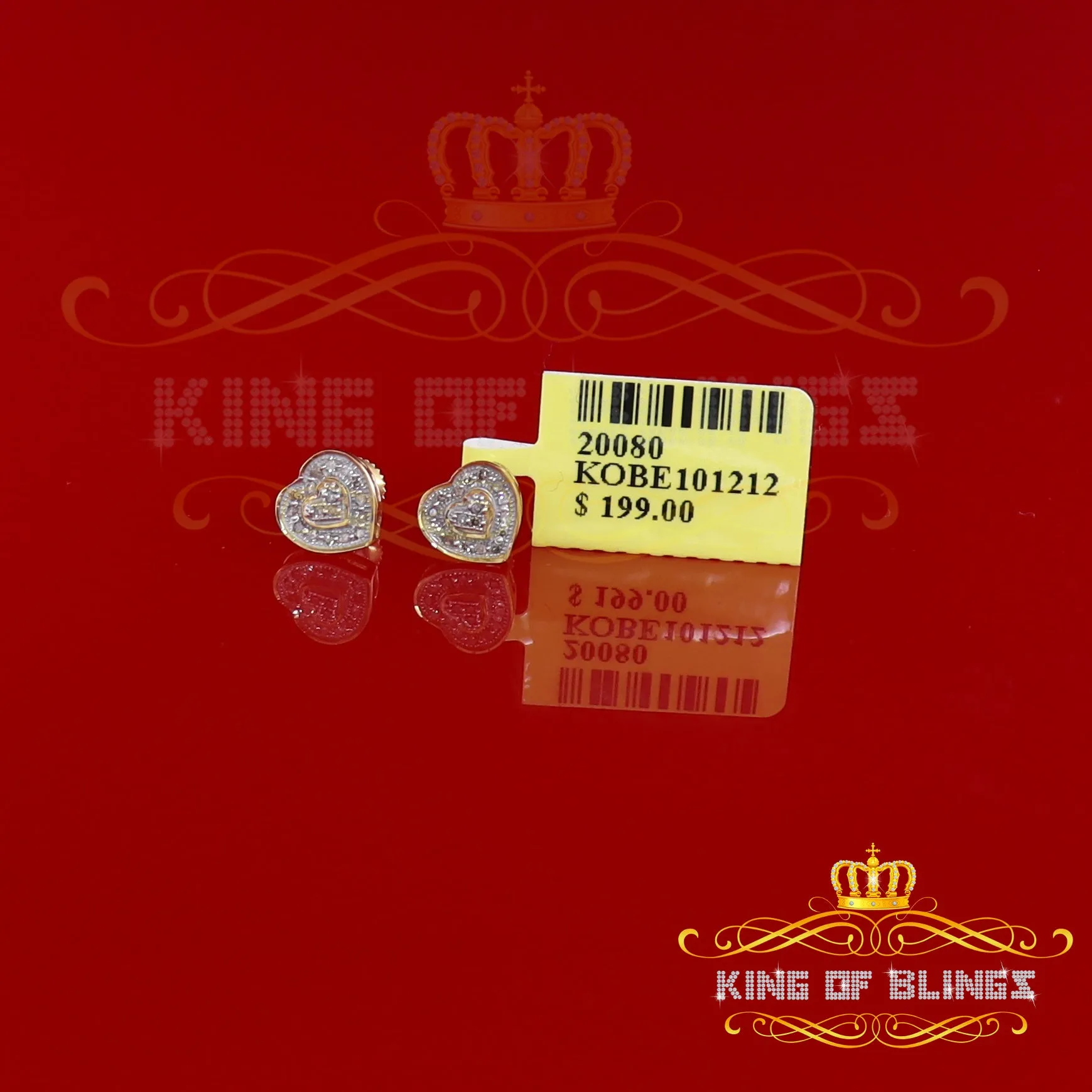 King of Blings-Micro Pave 0.11ct Real Diamonds 925 Yellow Silver Women's & Men's Heart Earrings