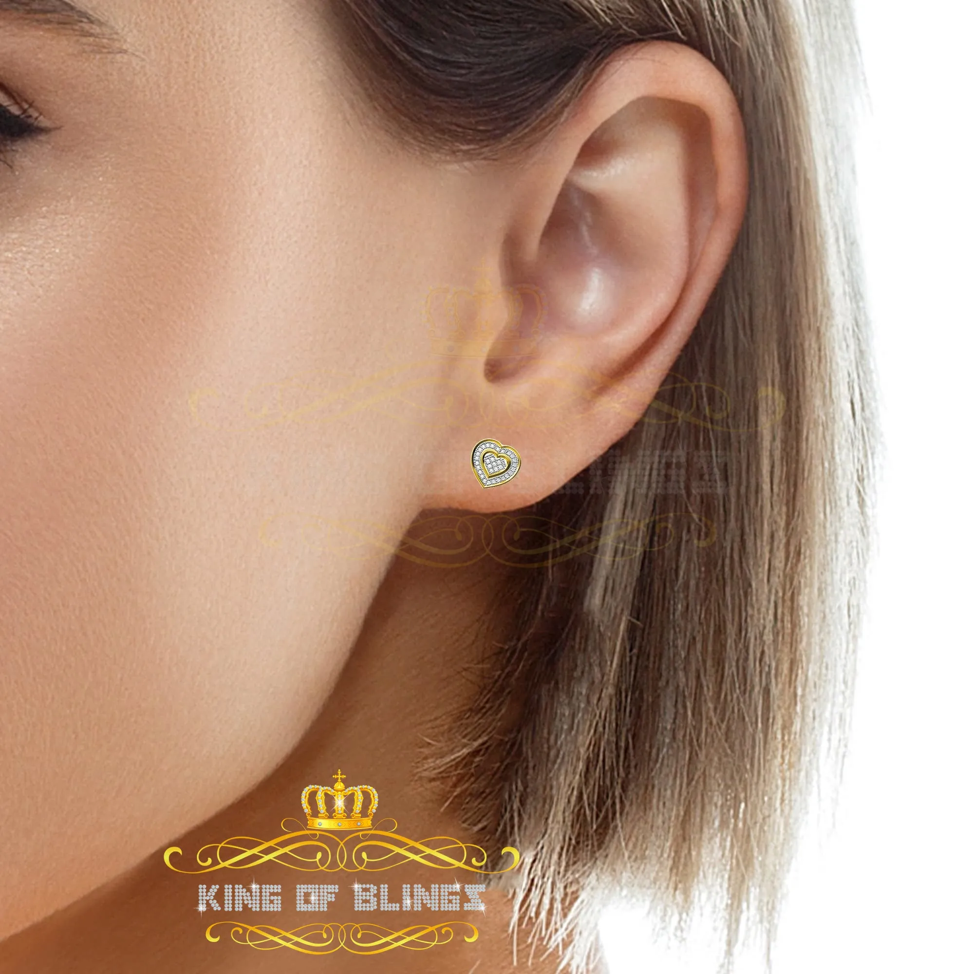King of Blings-Micro Pave 0.11ct Real Diamonds 925 Yellow Silver Women's & Men's Heart Earrings