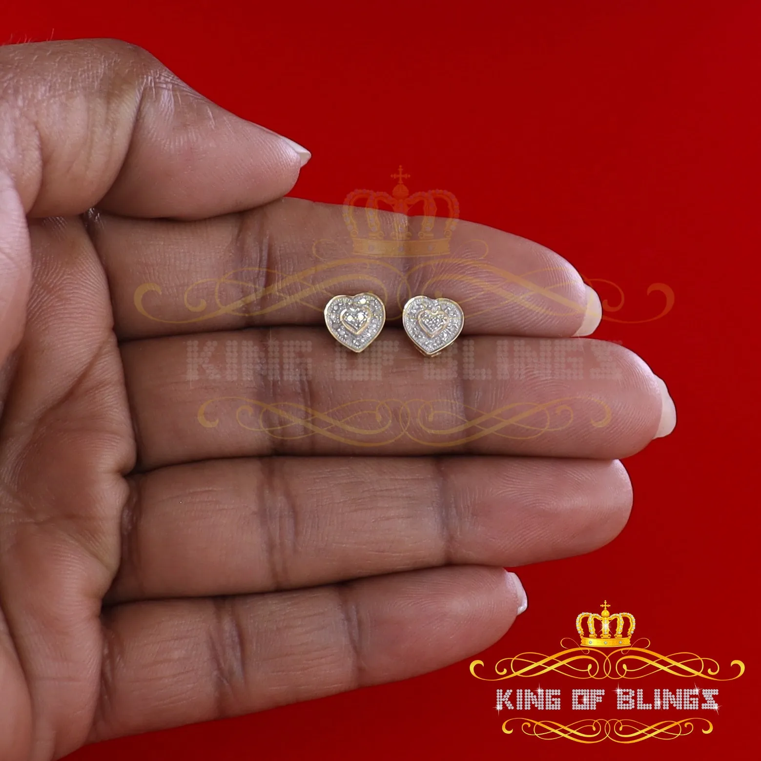 King of Blings-Micro Pave 0.11ct Real Diamonds 925 Yellow Silver Women's & Men's Heart Earrings
