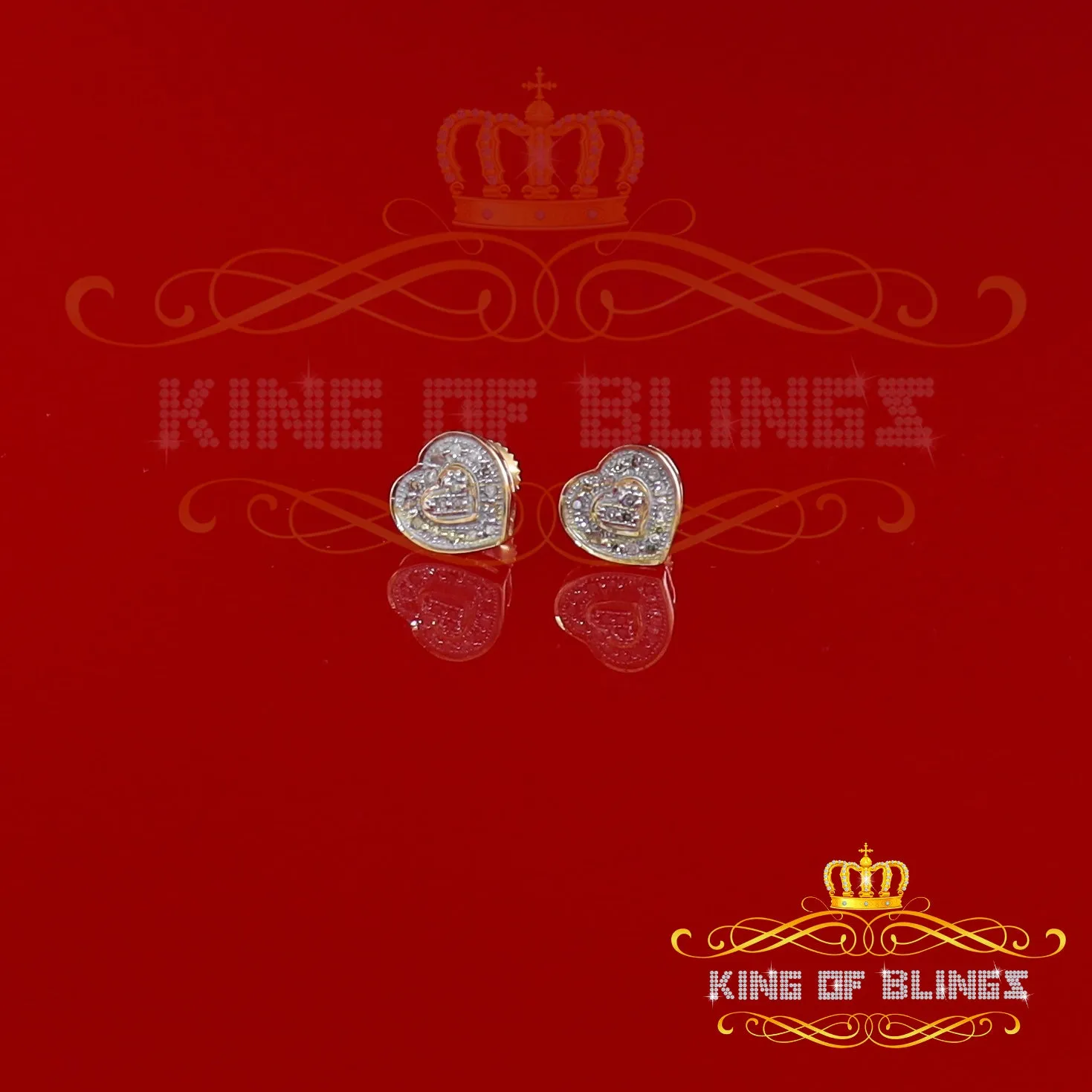 King of Blings-Micro Pave 0.11ct Real Diamonds 925 Yellow Silver Women's & Men's Heart Earrings