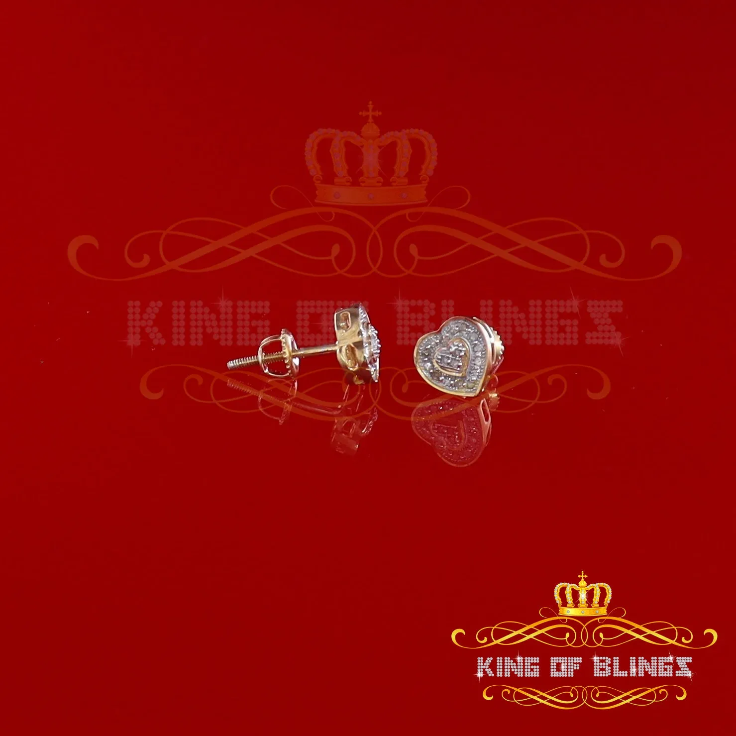 King of Blings-Micro Pave 0.11ct Real Diamonds 925 Yellow Silver Women's & Men's Heart Earrings