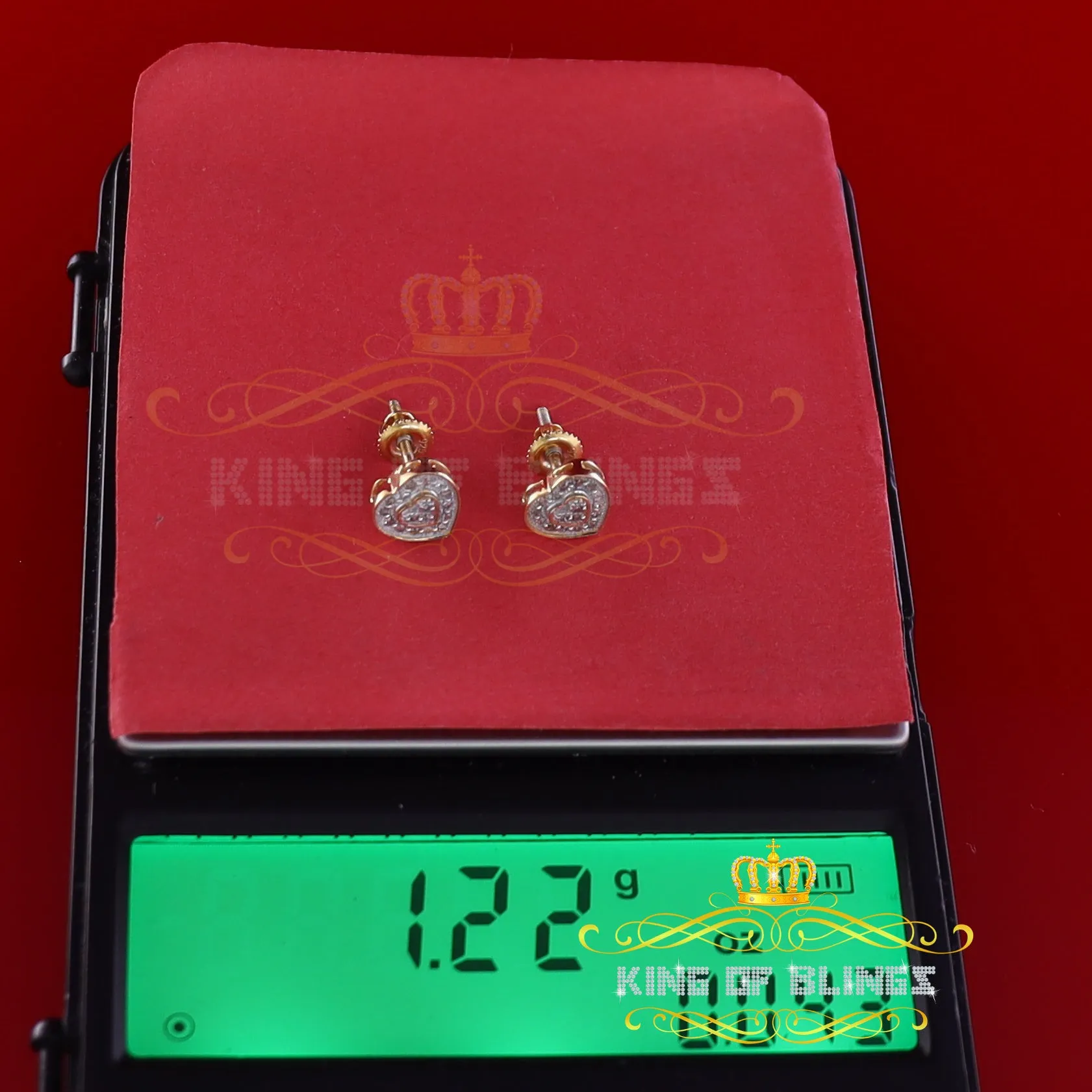 King of Blings-Micro Pave 0.11ct Real Diamonds 925 Yellow Silver Women's & Men's Heart Earrings