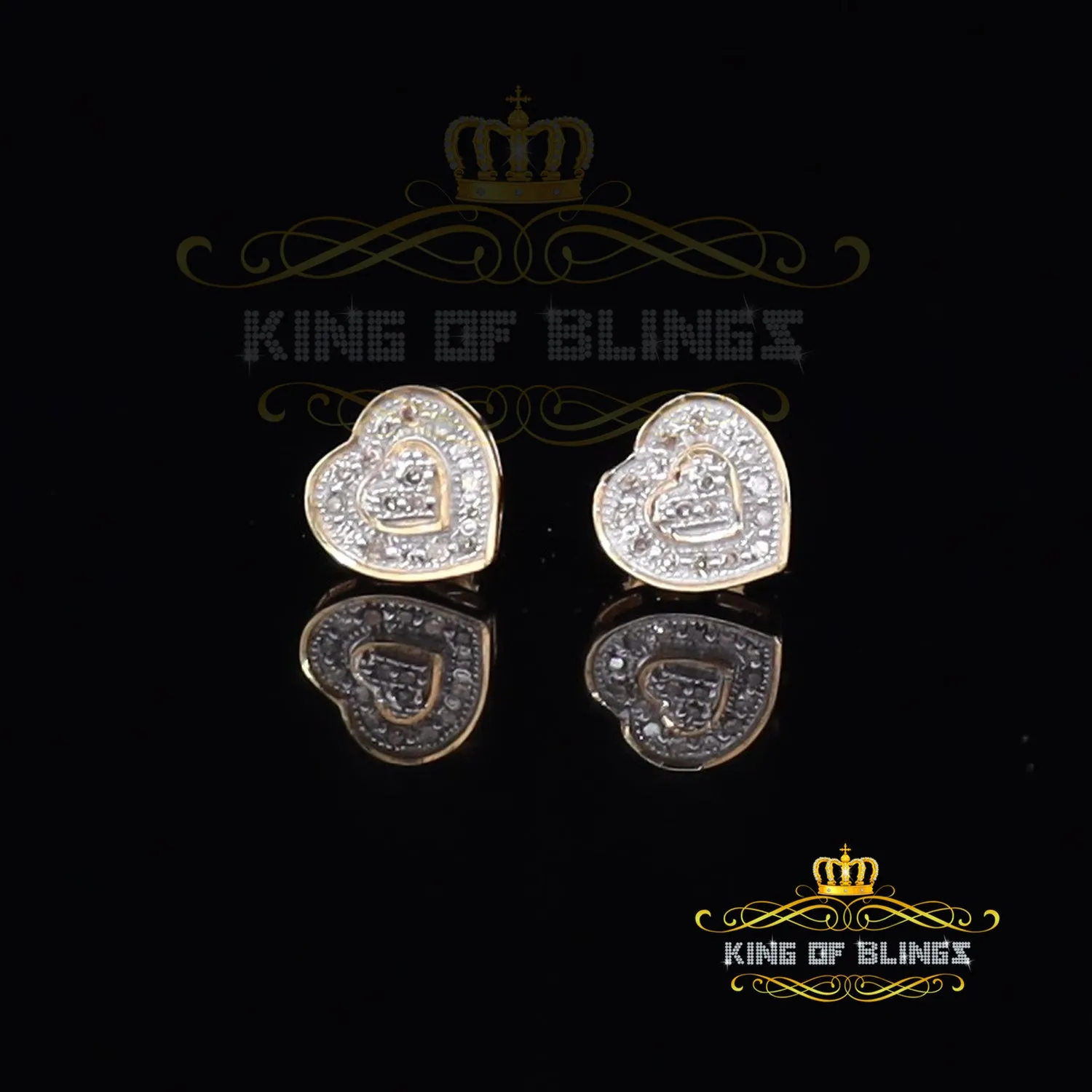 King of Blings-Micro Pave 0.11ct Real Diamonds 925 Yellow Silver Women's & Men's Heart Earrings