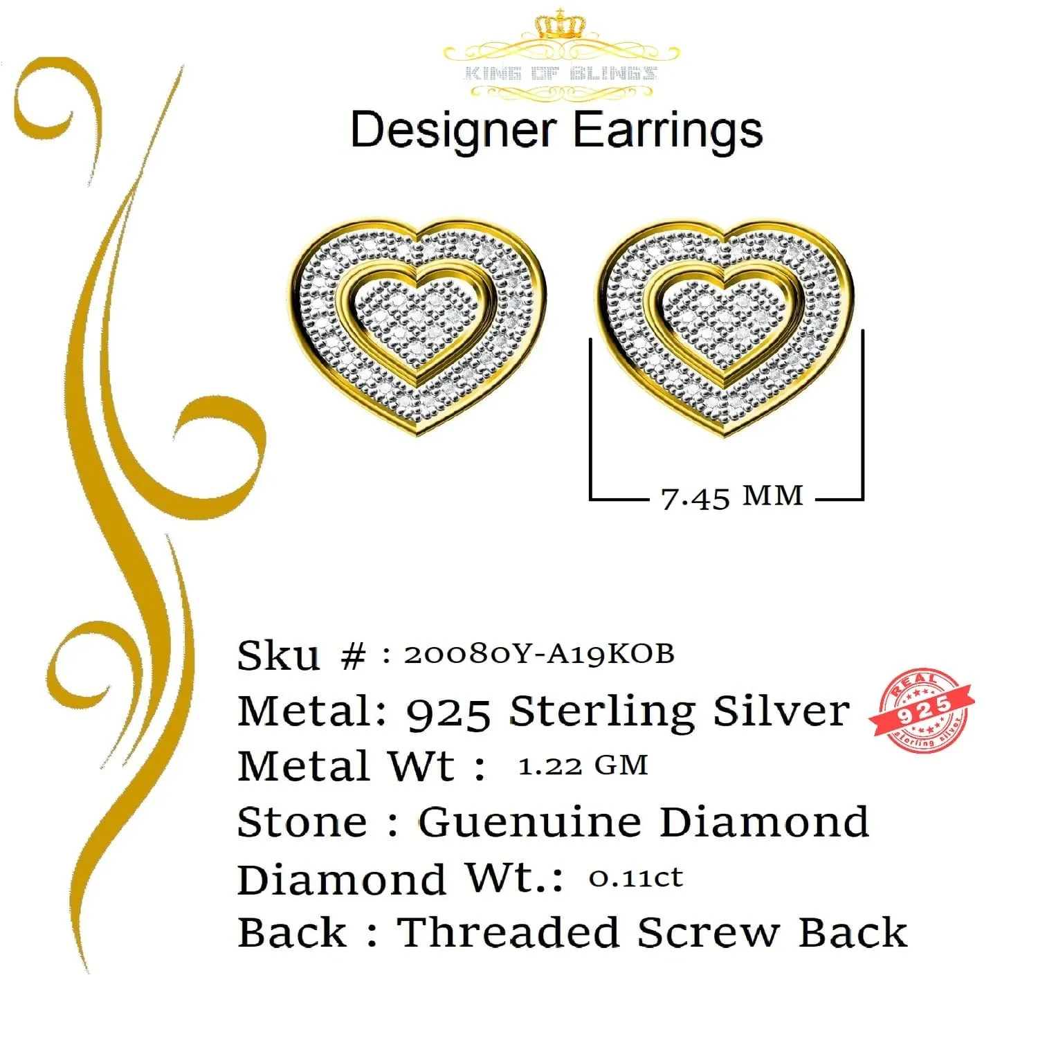 King of Blings-Micro Pave 0.11ct Real Diamonds 925 Yellow Silver Women's & Men's Heart Earrings
