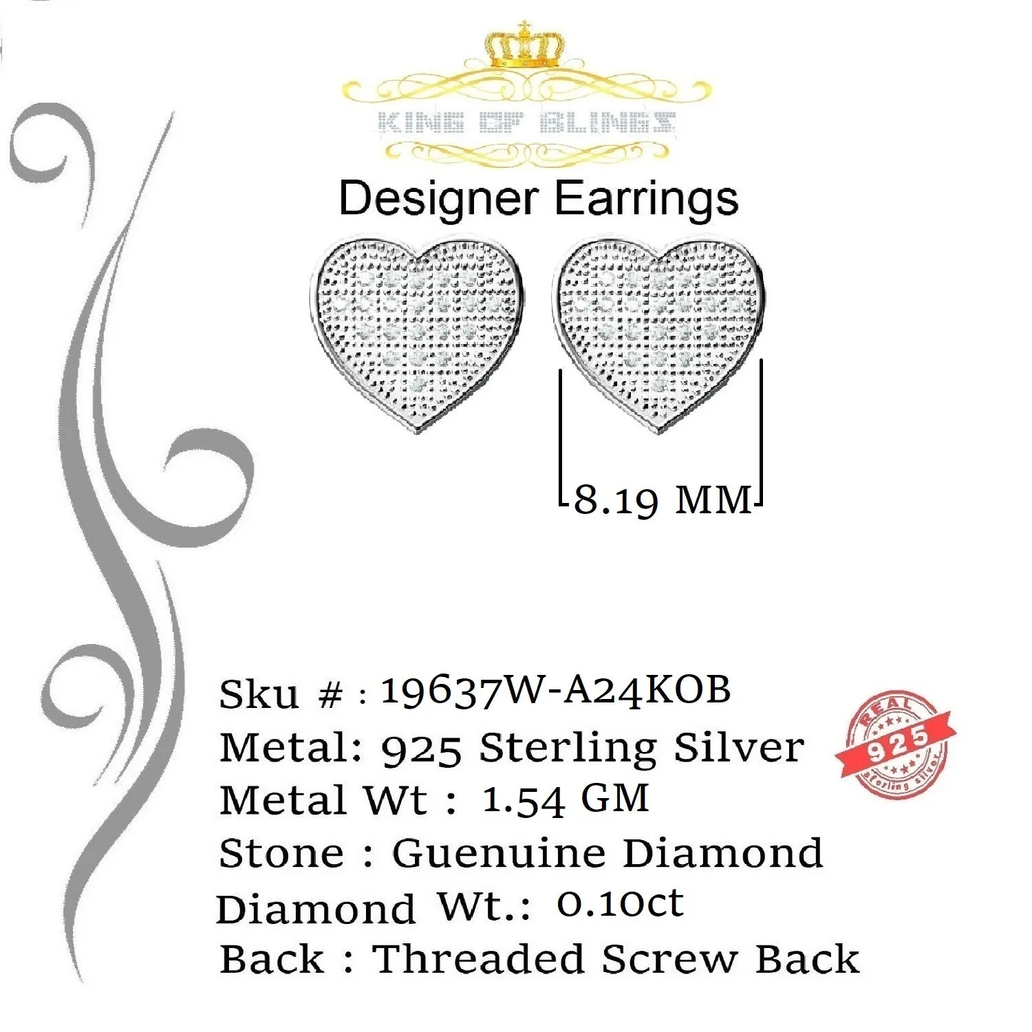 King Of Bling's White Aretes Para Hombre Heart 925 Silver 0.10ct Diamond Women's /Men's Earrings