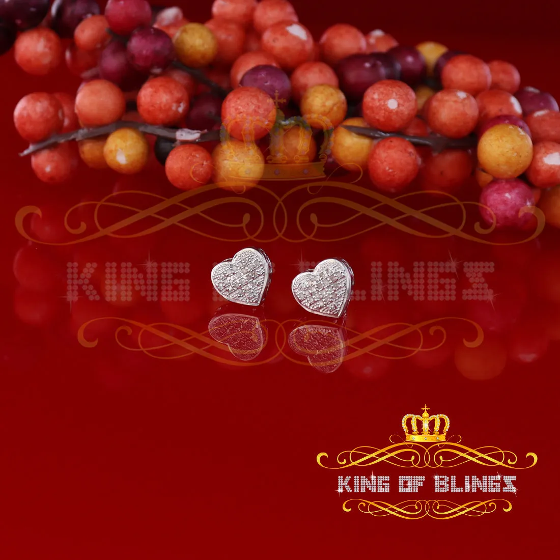 King Of Bling's White Aretes Para Hombre Heart 925 Silver 0.10ct Diamond Women's /Men's Earrings