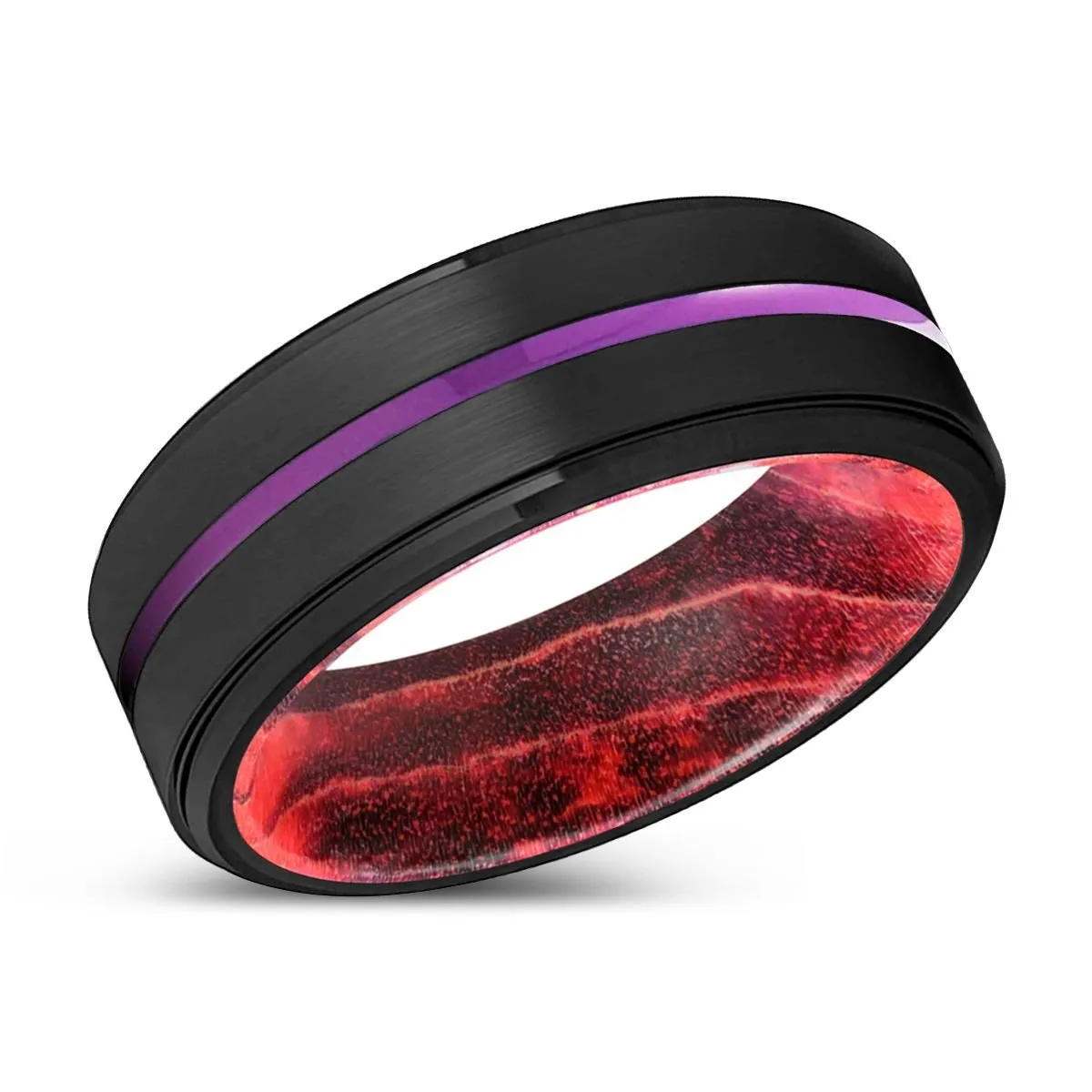 LAUNCESTON | Black & Red Wood, Black Tungsten Ring, Purple Groove, Stepped Edge