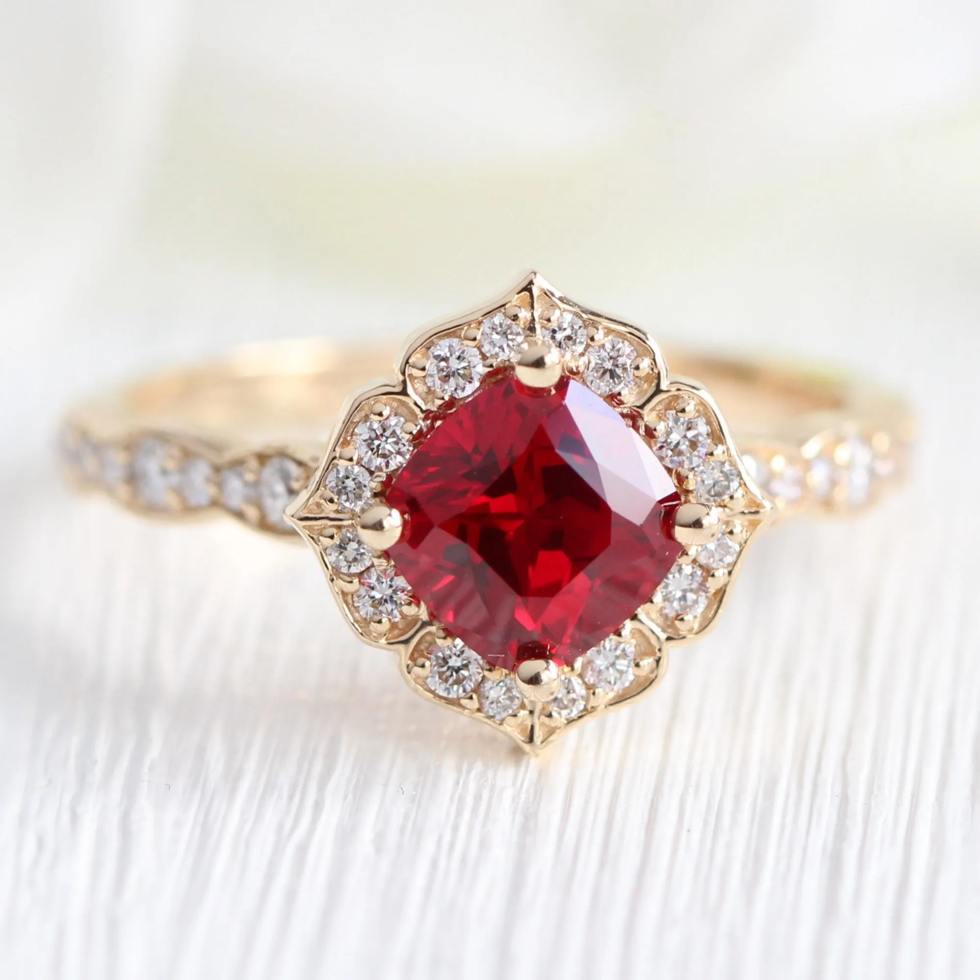 Mini Vintage Floral Bridal Set w/ Cushion Ruby and Scalloped Diamond Ring