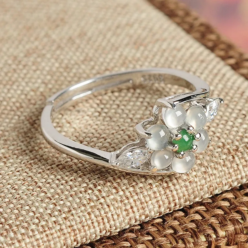 Natural Jade Ring Jadeite Silver Adjustable Ring WR8