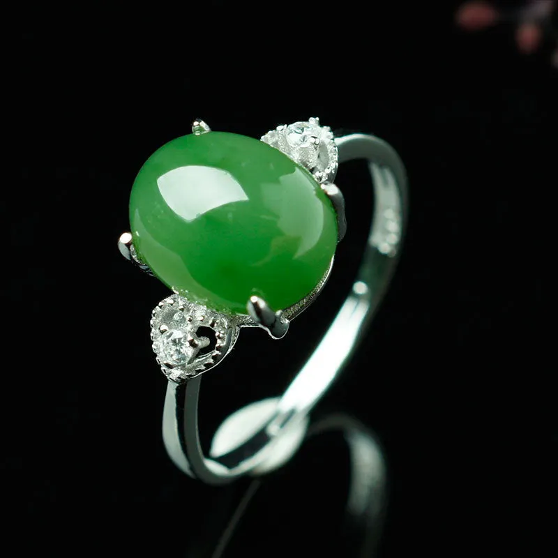 Natural Jade Ring Nephrite Silver Zircon Adjustable Ring ZNRG115