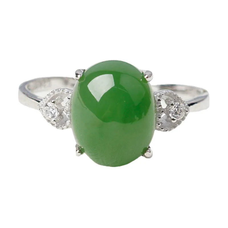 Natural Jade Ring Nephrite Silver Zircon Adjustable Ring ZNRG115