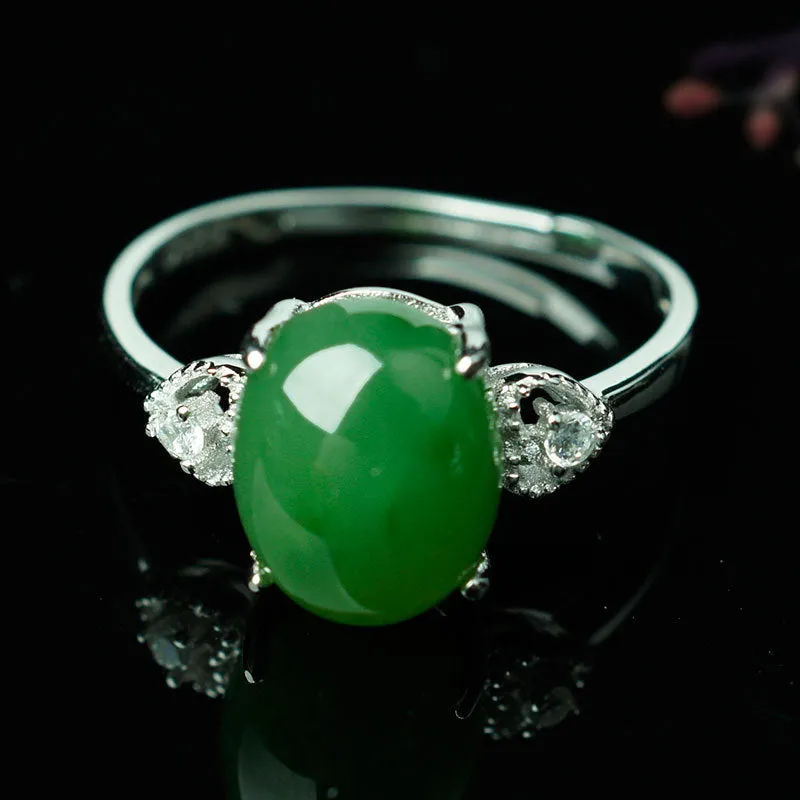 Natural Jade Ring Nephrite Silver Zircon Adjustable Ring ZNRG115