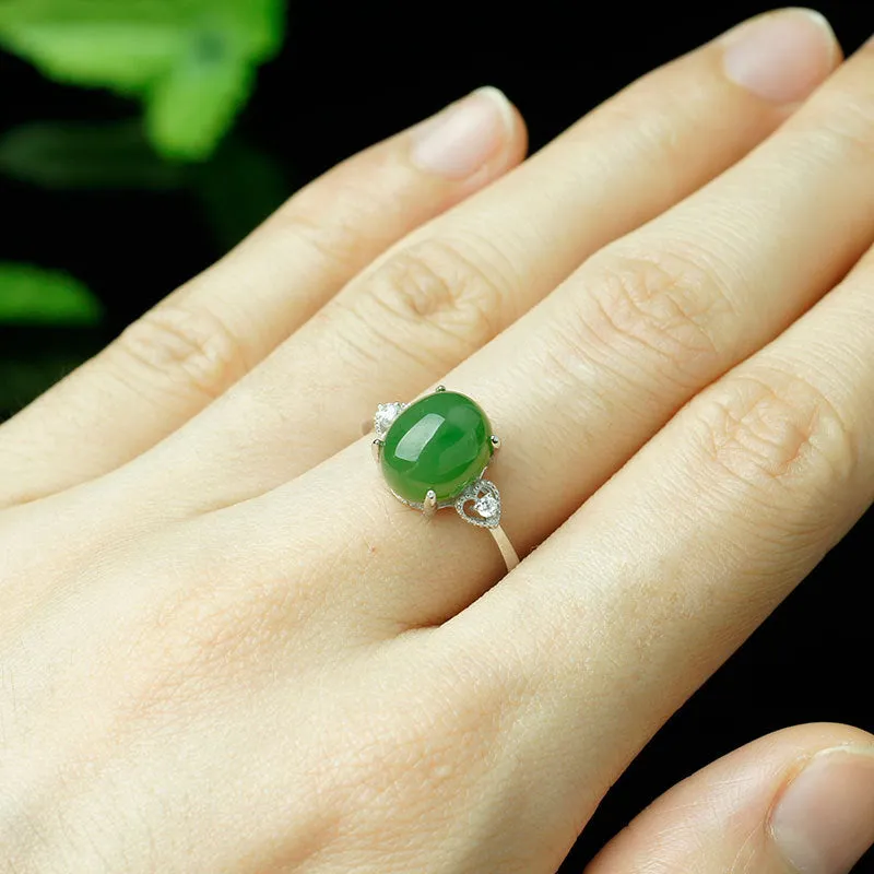 Natural Jade Ring Nephrite Silver Zircon Adjustable Ring ZNRG115