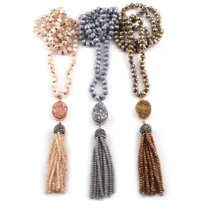 Natural Stone Crystal Knotted Druzy Long Tassel Necklace