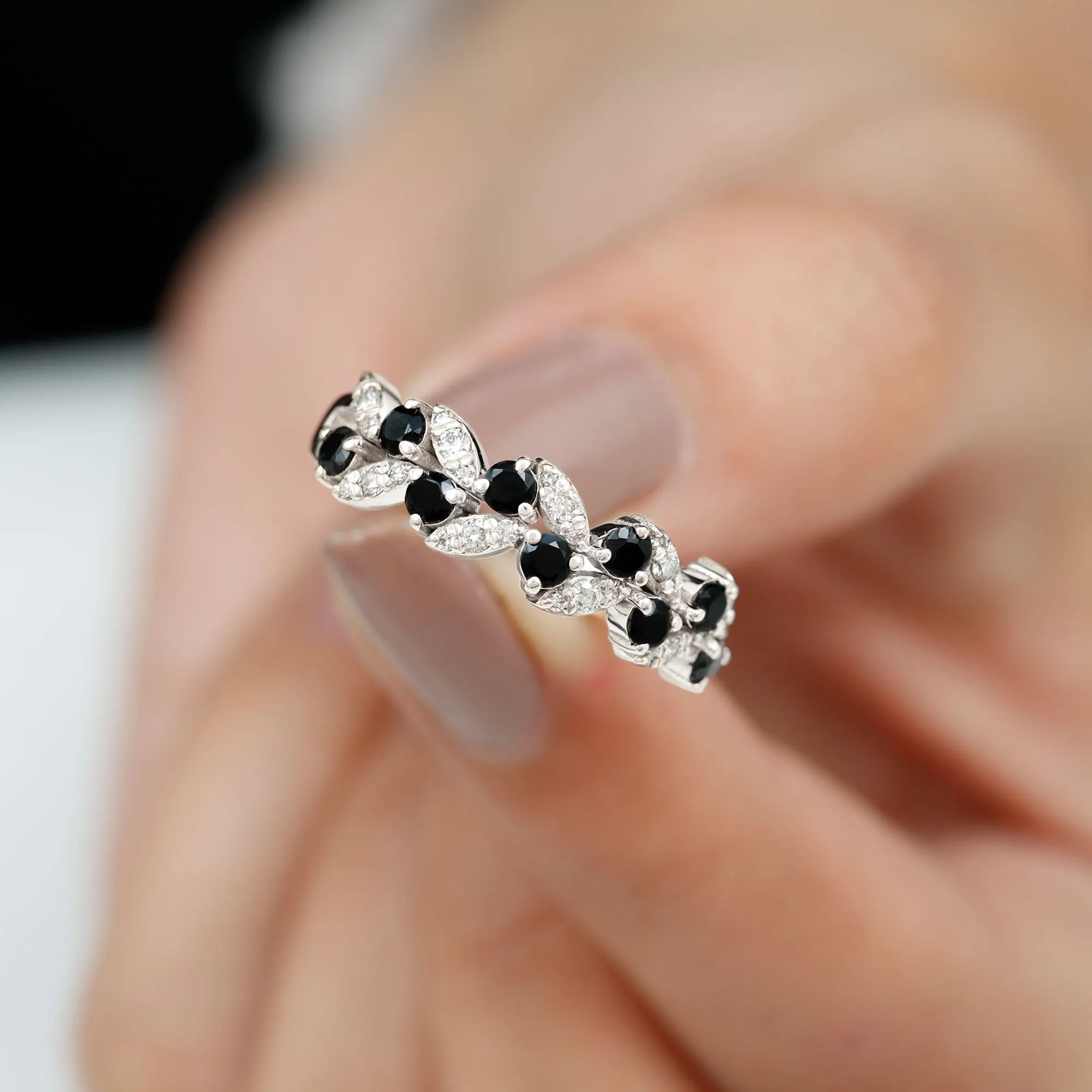Nature Inspired Black Onyx and Diamond Leaf Eternity Ring