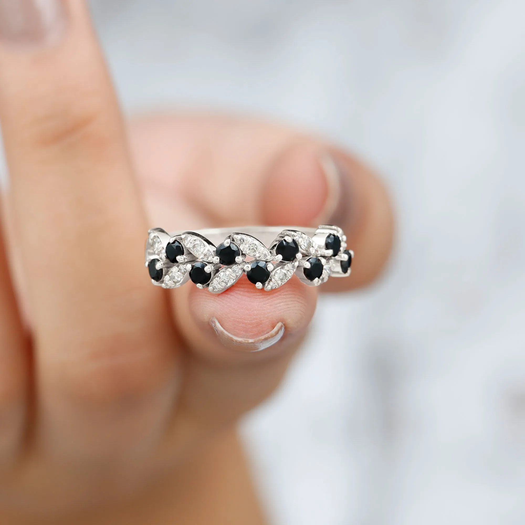 Nature Inspired Black Onyx and Diamond Leaf Eternity Ring