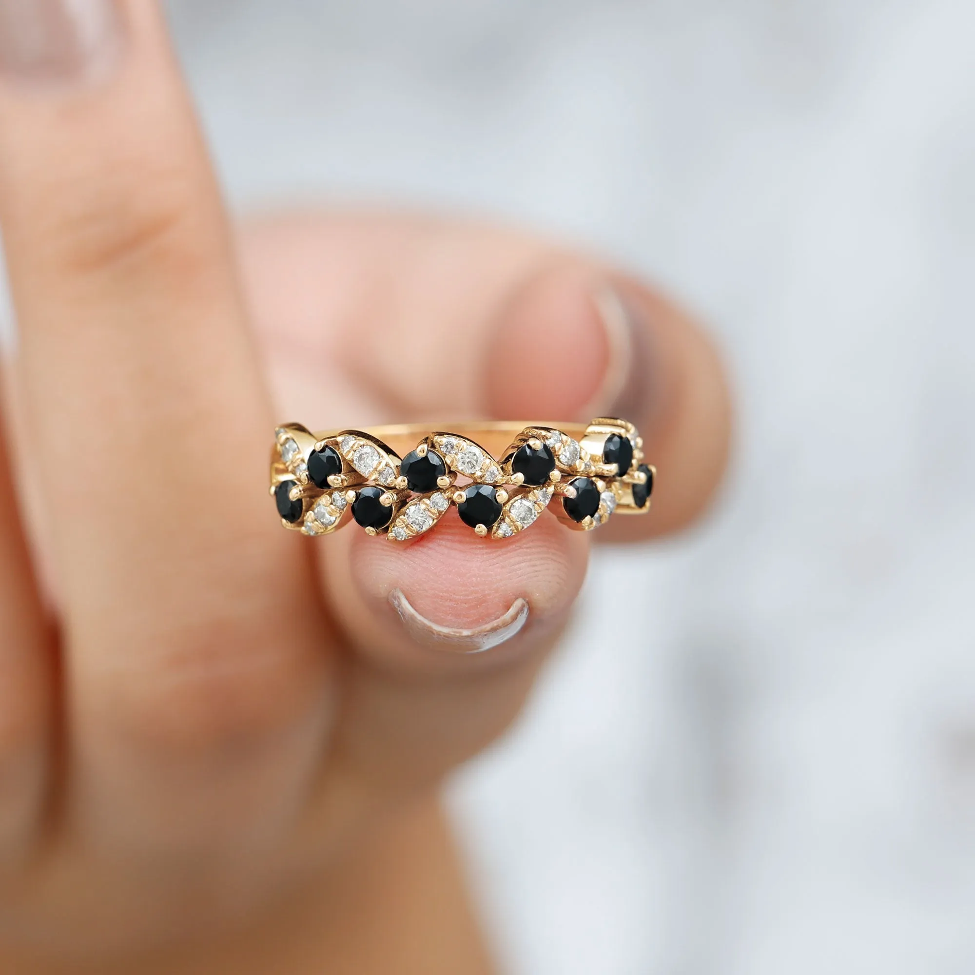 Nature Inspired Black Onyx and Diamond Leaf Eternity Ring