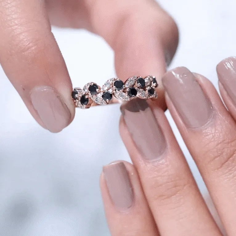 Nature Inspired Black Onyx and Diamond Leaf Eternity Ring