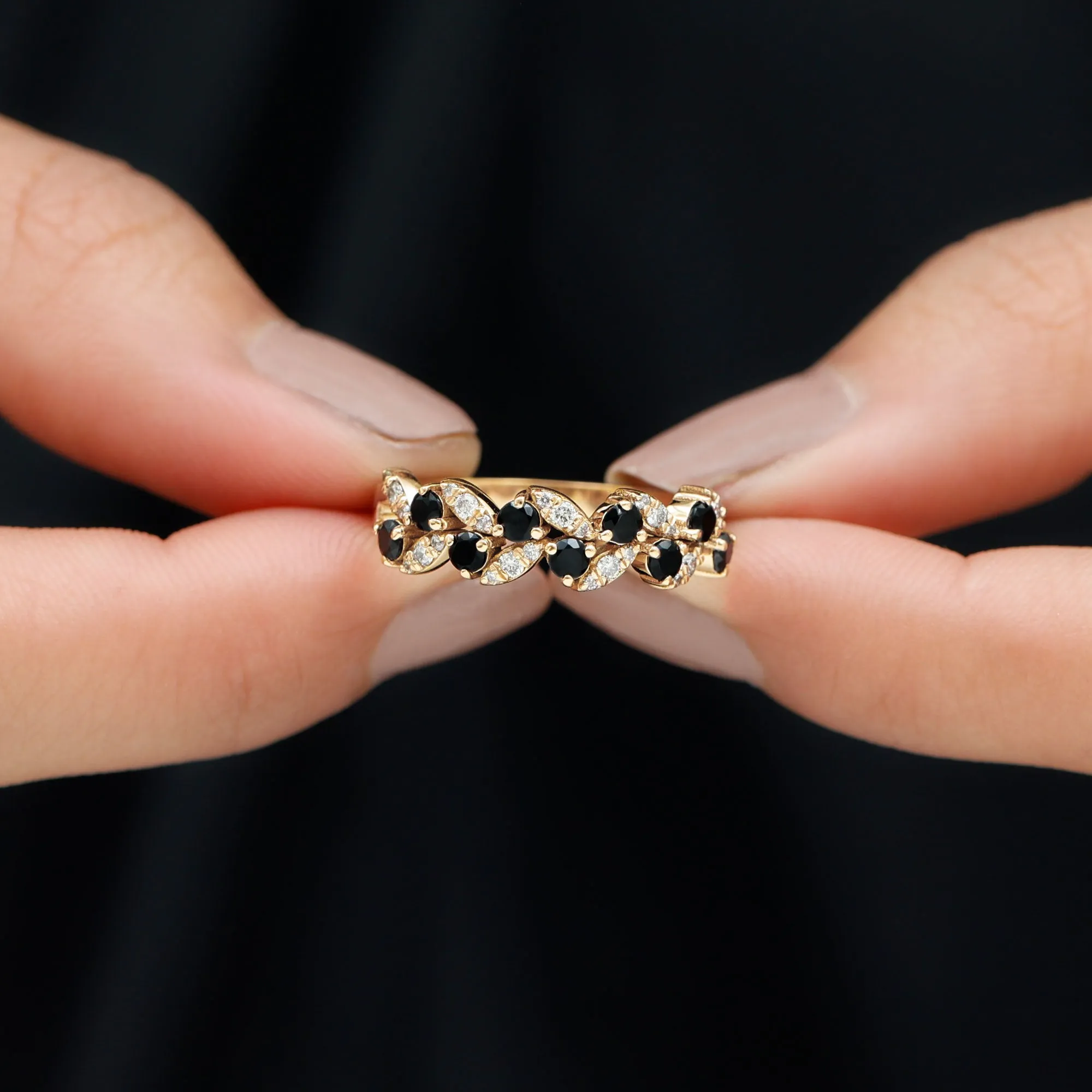 Nature Inspired Black Onyx and Diamond Leaf Eternity Ring