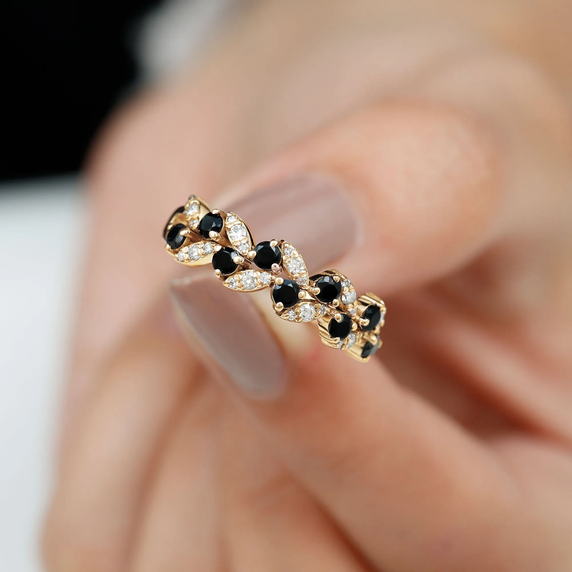 Nature Inspired Black Onyx and Diamond Leaf Eternity Ring