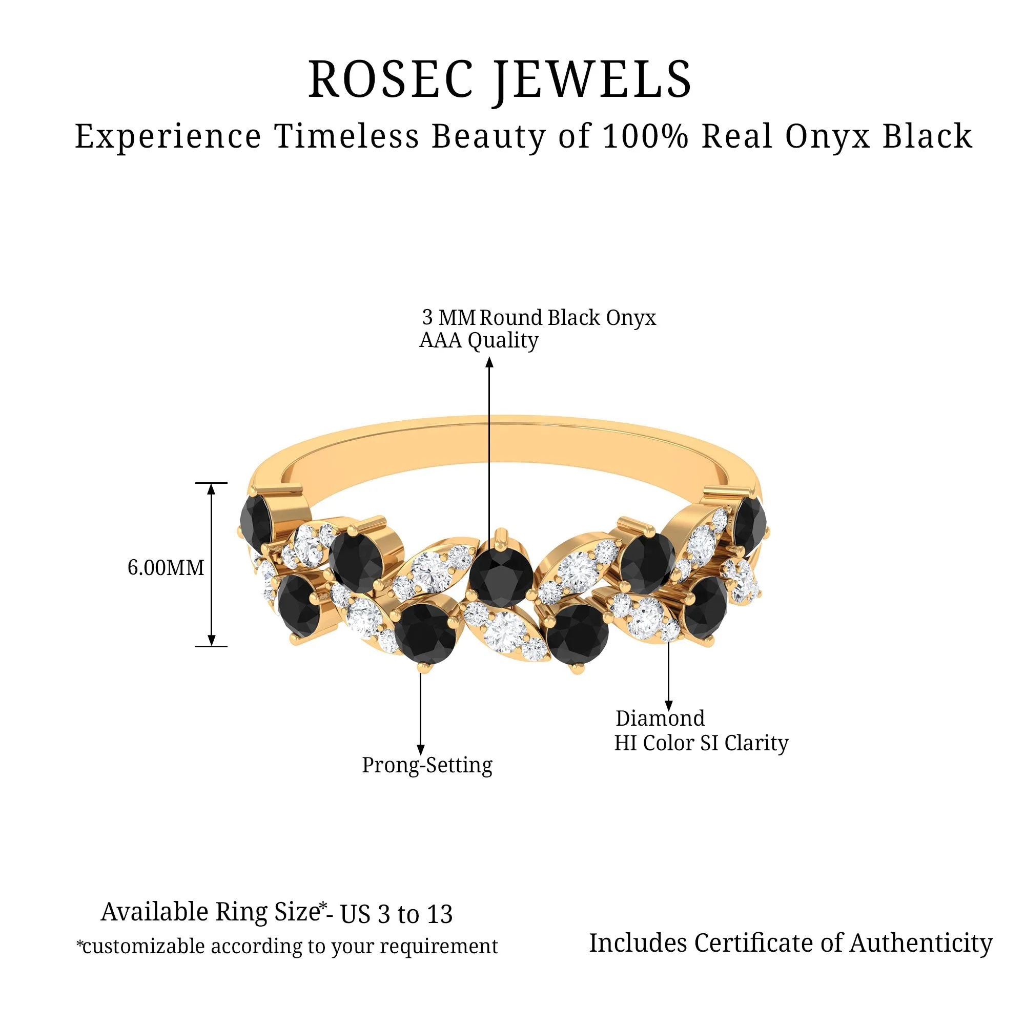 Nature Inspired Black Onyx and Diamond Leaf Eternity Ring