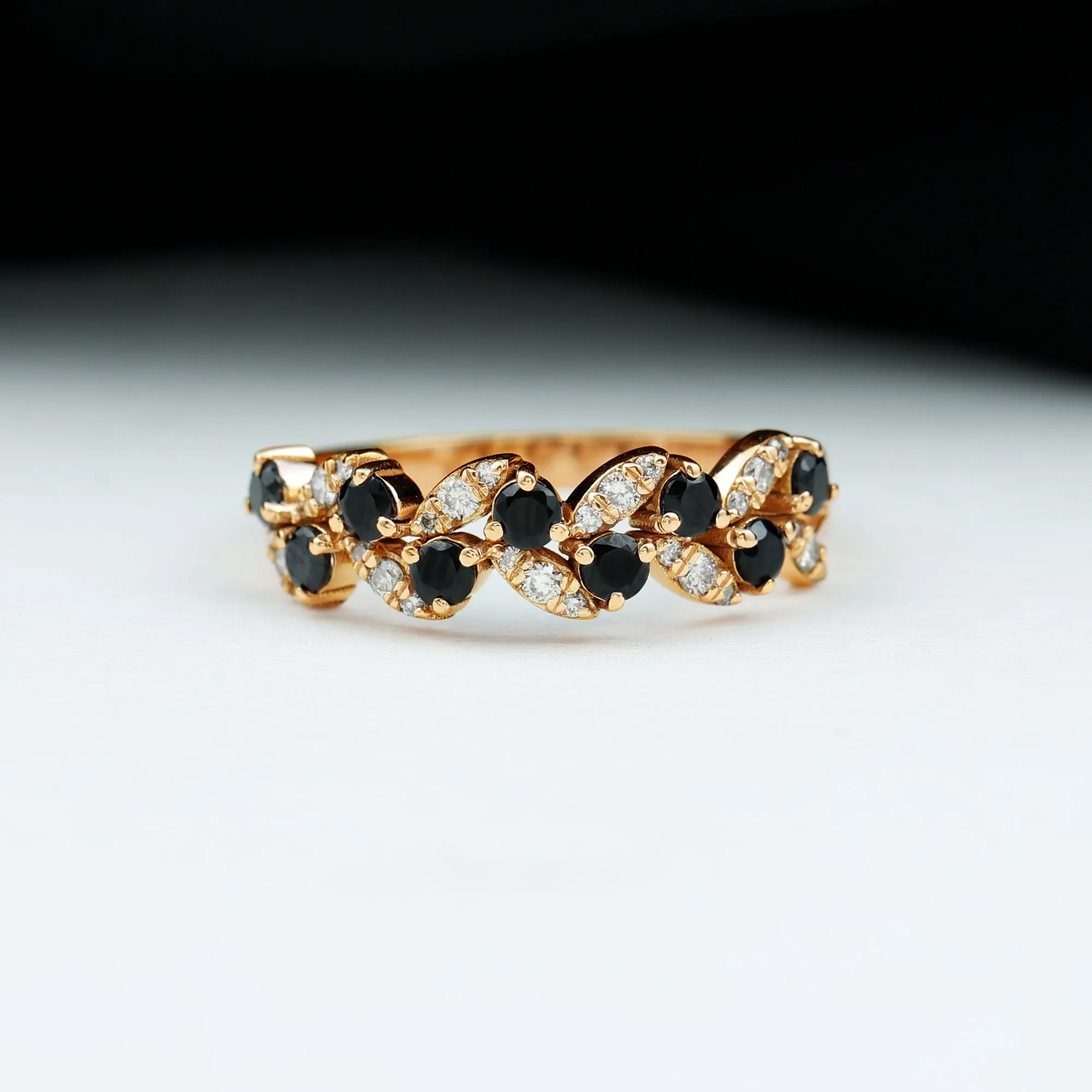 Nature Inspired Black Onyx and Diamond Leaf Eternity Ring