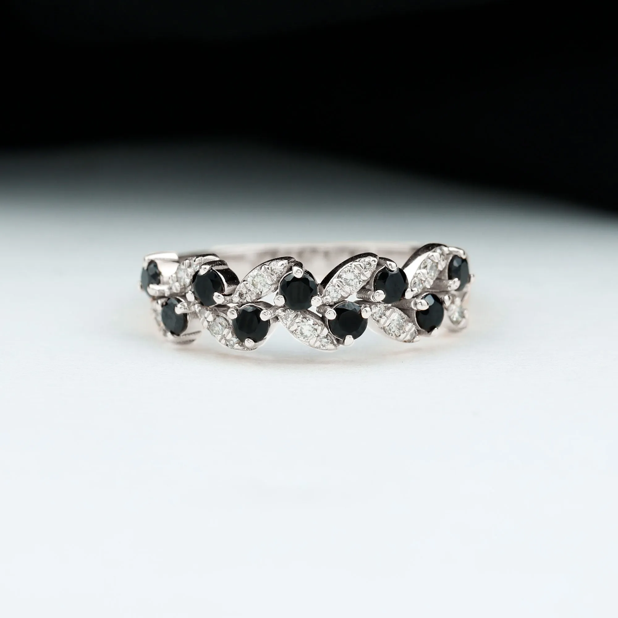 Nature Inspired Black Onyx and Diamond Leaf Eternity Ring
