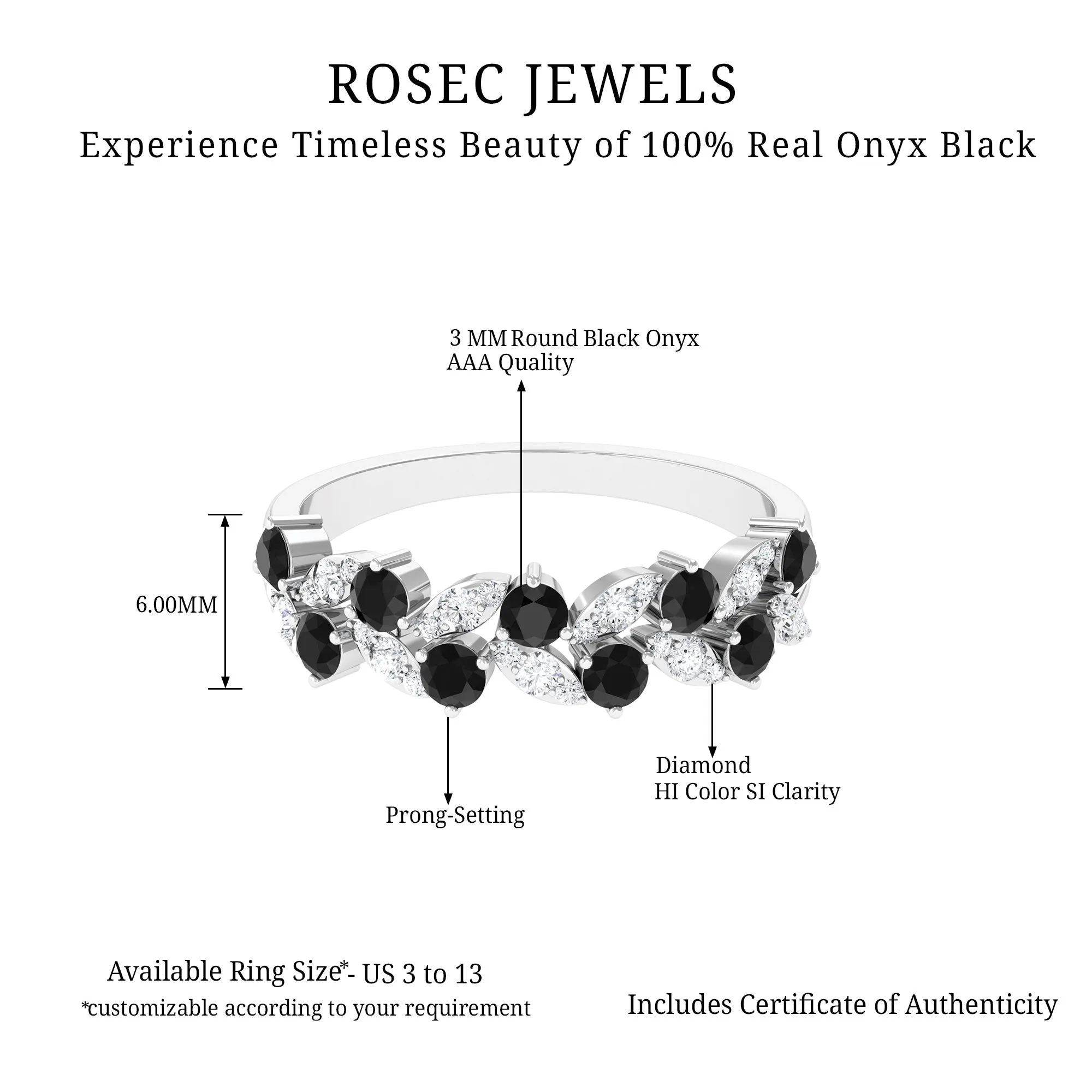 Nature Inspired Black Onyx and Diamond Leaf Eternity Ring
