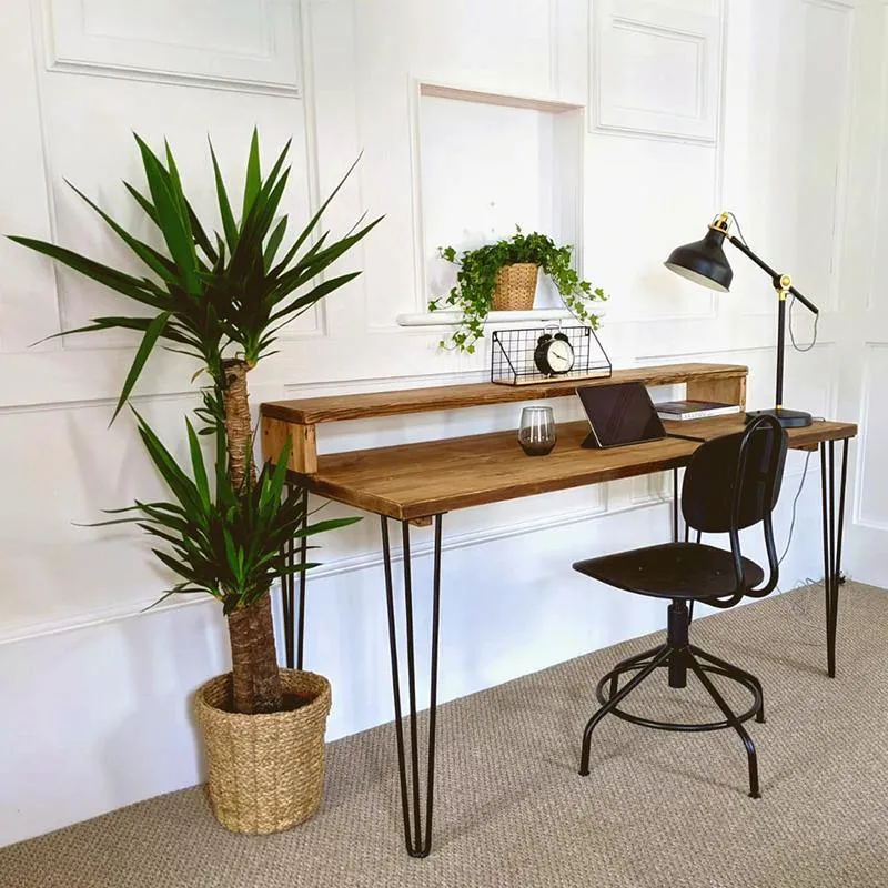 NORÉN: Rustic Desk with Monitor Shelf and Hairpin/Trapezium Legs