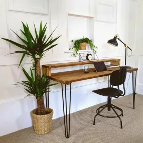 NORÉN: Rustic Desk with Monitor Shelf and Hairpin/Trapezium Legs