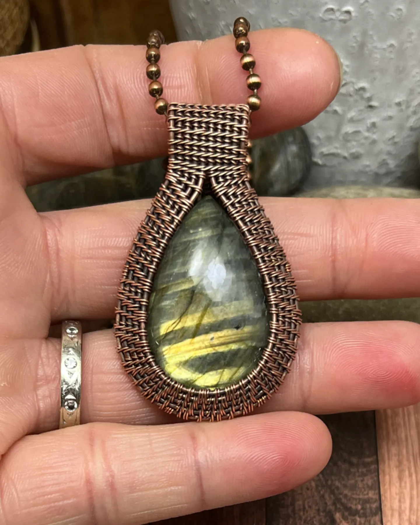 Oxidized Copper Wire Woven Green Flash Labradorite Pendant