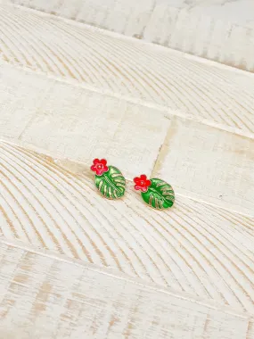 Palm Leaf & Hibiscus Stud Earrings