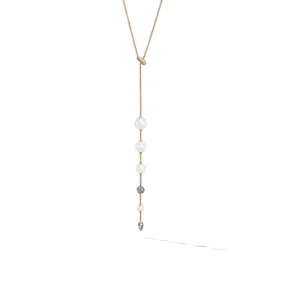 Pearl and Pave Y Necklace in 18K Yellow Gold with Diamonds