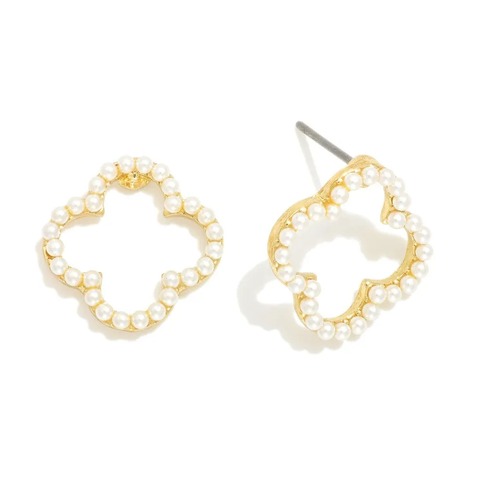 Pearl Studded Hollow Clover Stud Earrings - Gold
