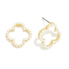 Pearl Studded Hollow Clover Stud Earrings - Gold