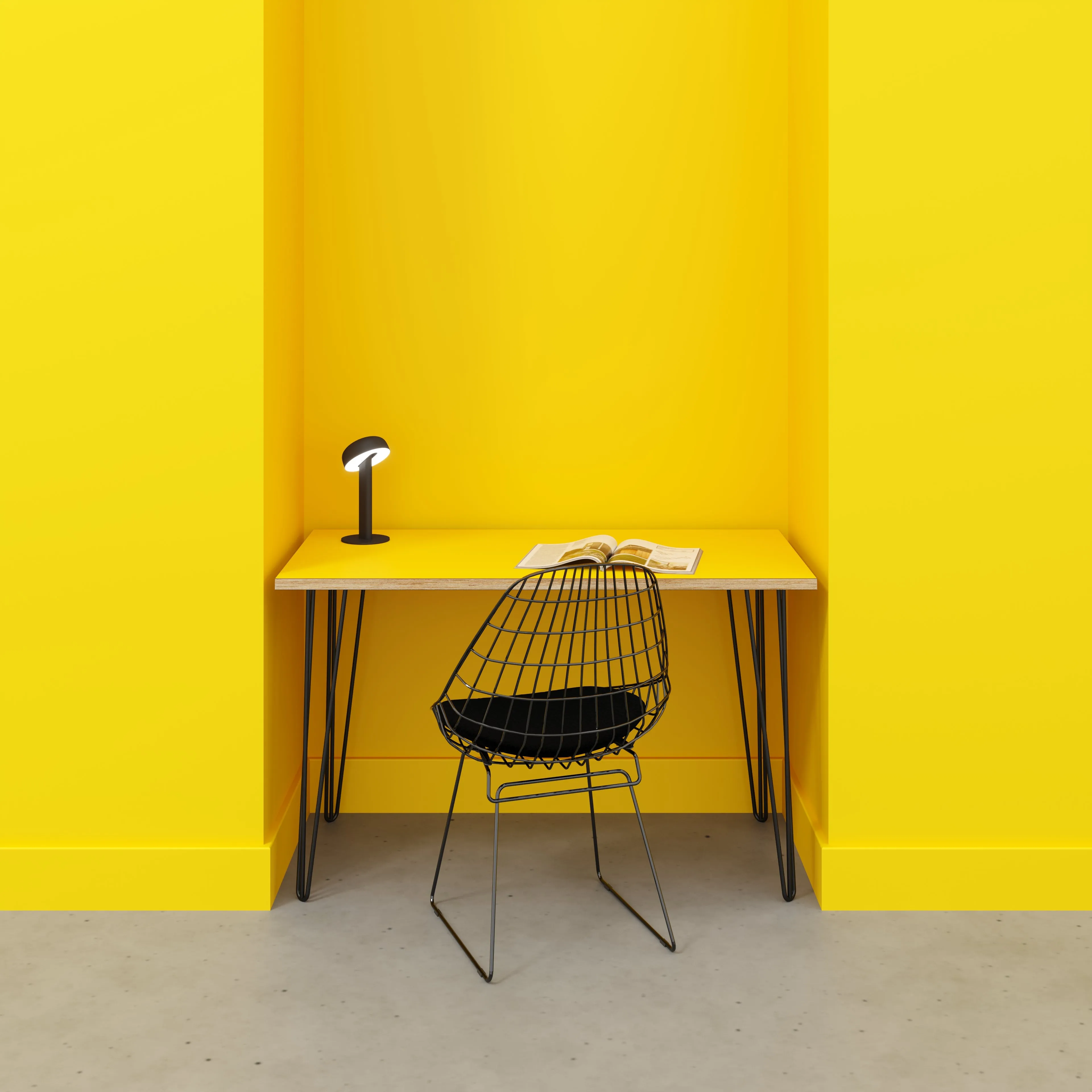 Plywood Desk with Black Hairpin Legs - Formica Chrome Yellow - 1200(w) x 600(d) x 735(h)